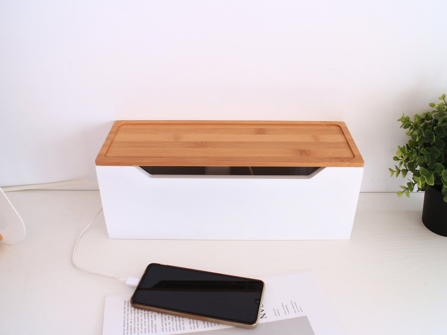 Ligfe Minimalist Bamboo Cable Storage Box - White