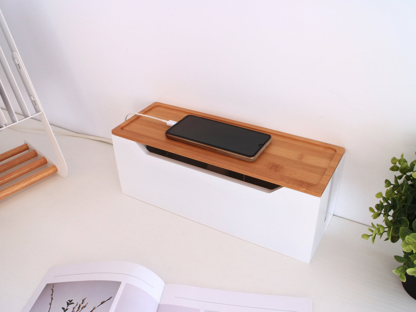 Ligfe Minimalist Bamboo Cable Storage Box - White